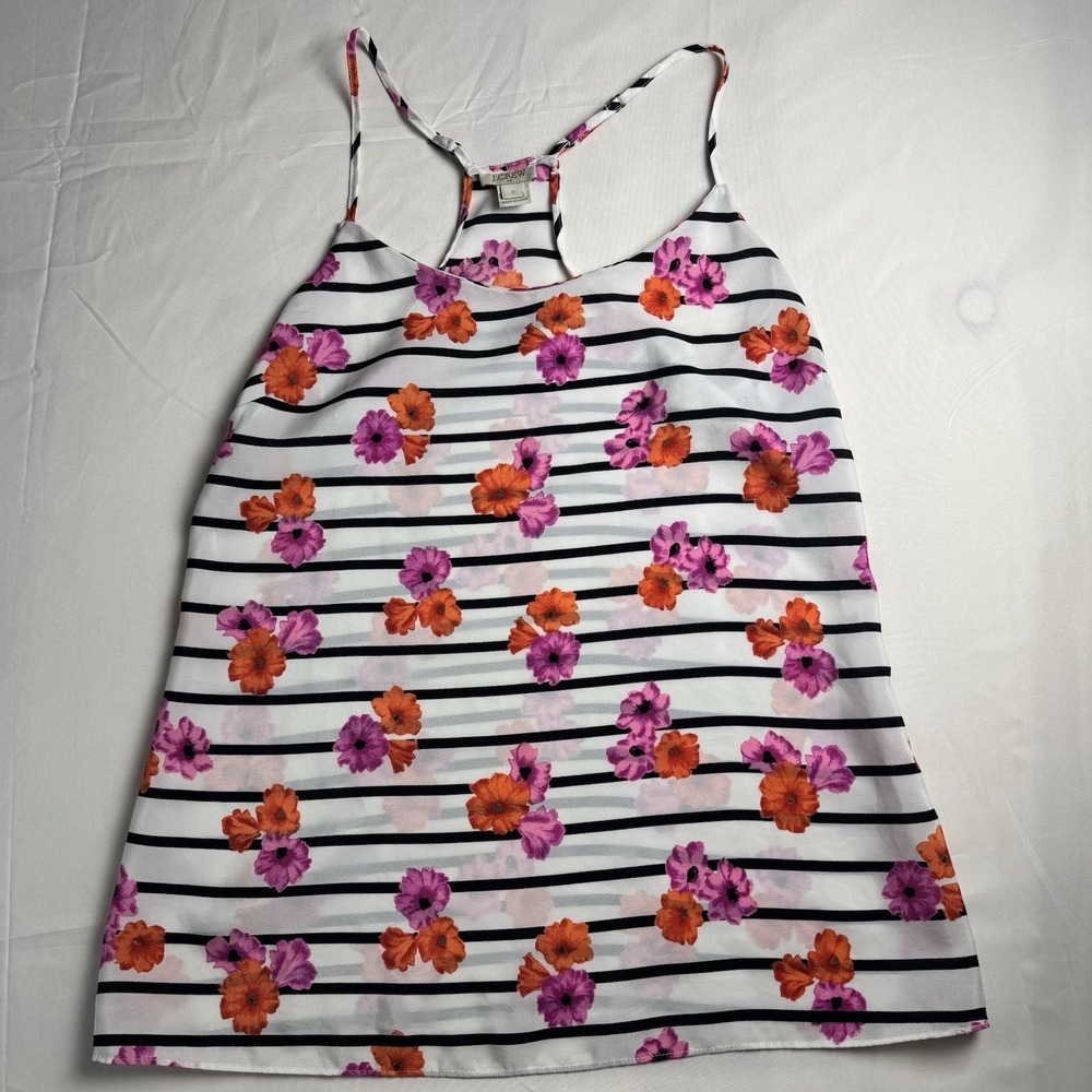 J.Crew Floral Striped Racerback Camisole Top White Black Orange Purple Womens 2